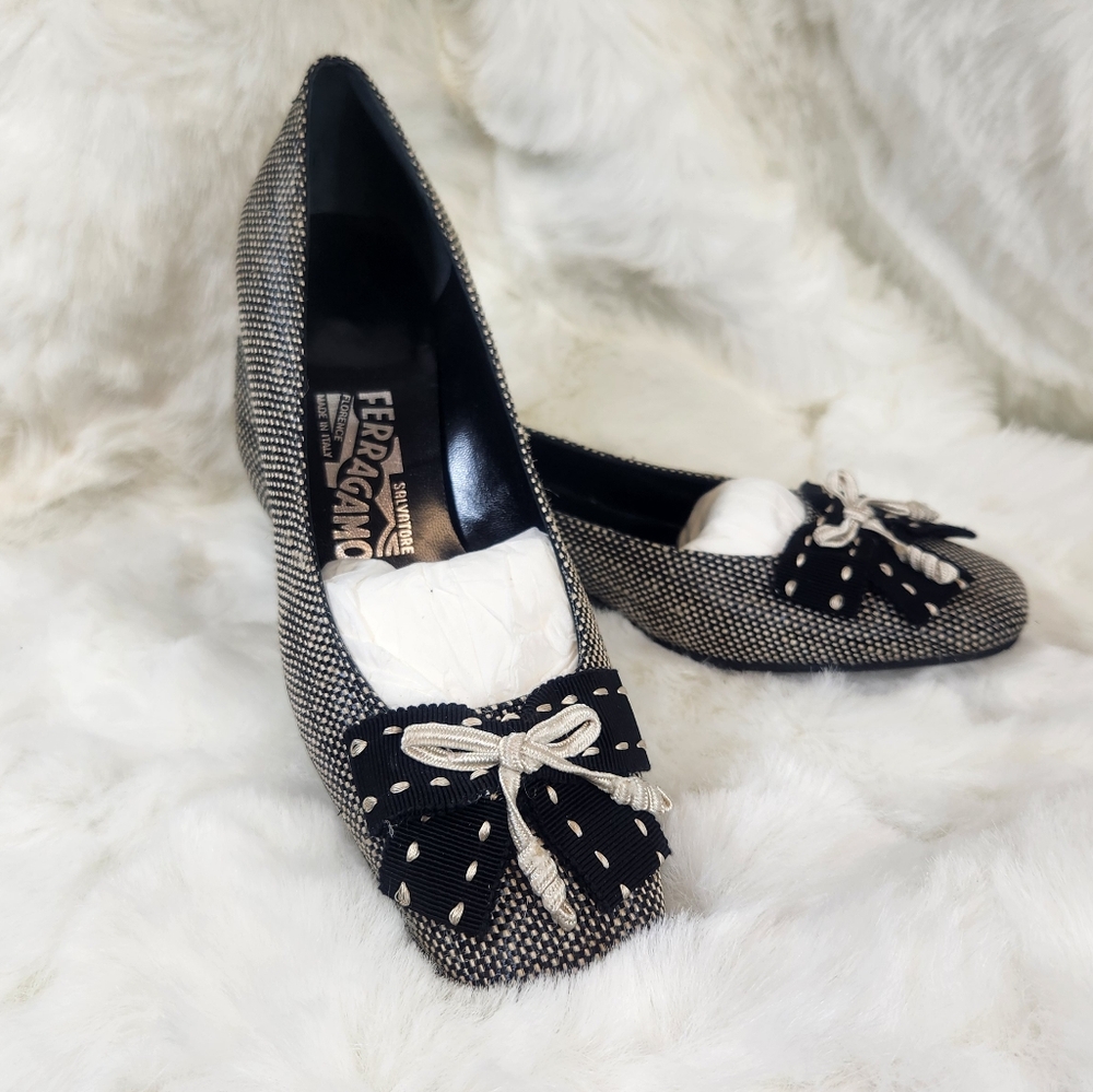 Salvatore Ferragamo Black Woven Bow Low Stacked Slip On Heels